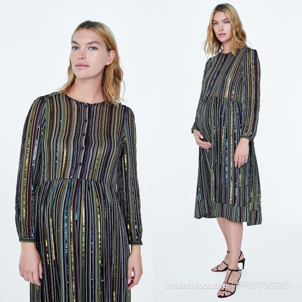 Rare! Zara Sequin Striped Empire Waist Peasant Dress L - Picture 4 of 7